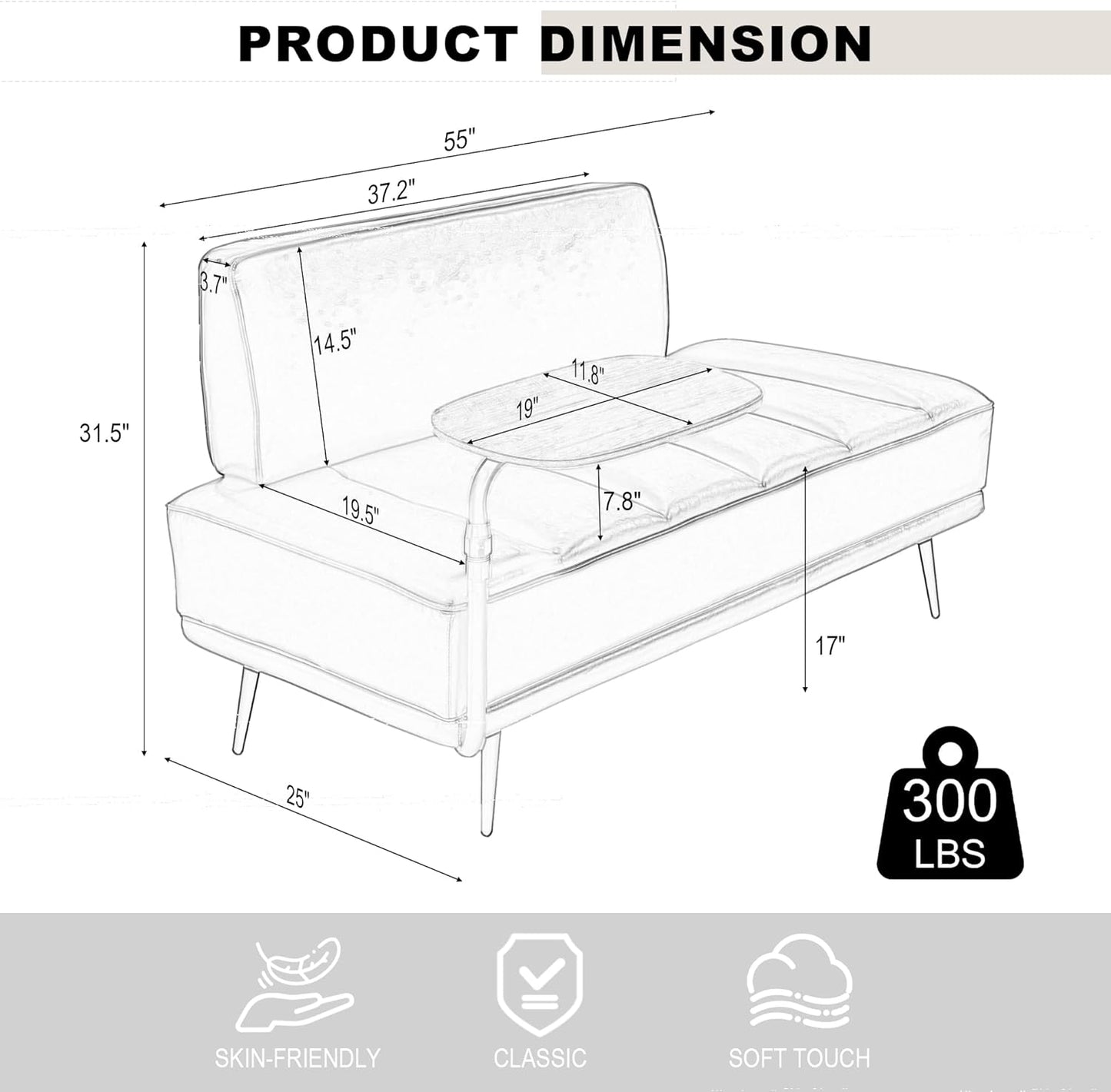 Sofa,Bed Bench,Small Spaces Furniture,Polyurethane Leather,Wood Frame,High Density Sponge Infillings,360-Degree Swivel Tray,Black Metal Leg (Beige)