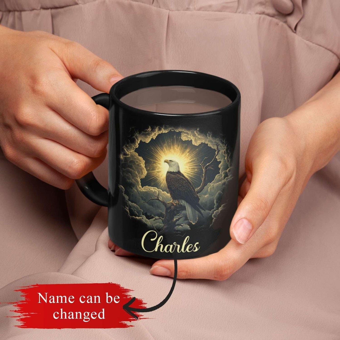 Custom Name Coffee Mug 11oz or 15oz, Unique Wildlife Art Black Cup, Personalized Eagle Ceramic Mug for Animal Lovers, Inspirational Coffee Cup with Nature Scene, Gifts for Friends