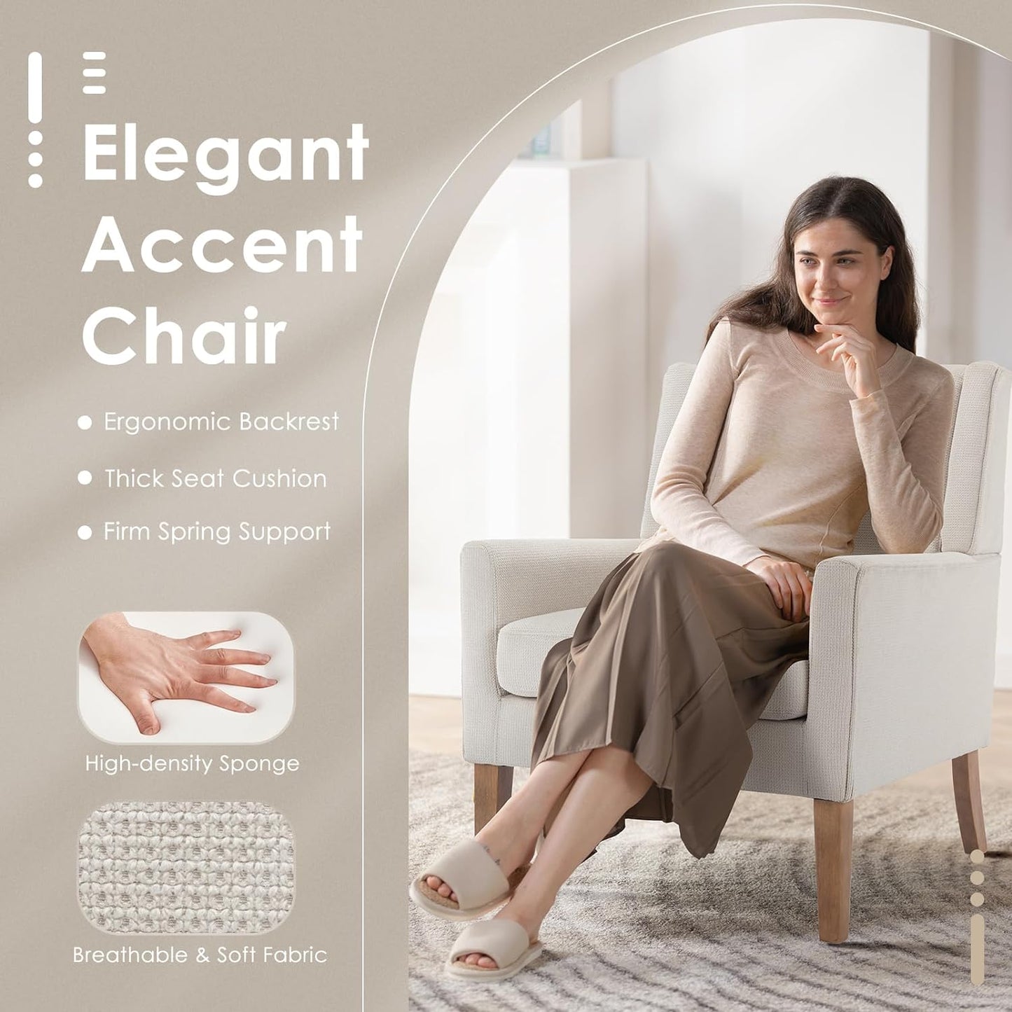 COLAMY Modern Wingback Living Room Chair Set of 2, Upholstered Fabric Accent Armchair, Single Sofa Chair with Lounge Seat and Wood Legs for Bedroom/Office/Reading Spaces, Beige