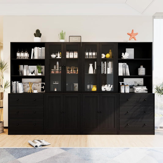 TUSY 71" Bookshelf Bookcase, 3-Tier Modern Bookshelves 3 Large Drawer, Wood Filing Cabinet with Open Storage Shelf, Glass Doors 5-Tier Fixed Storage Shelves for Home Office (Black)