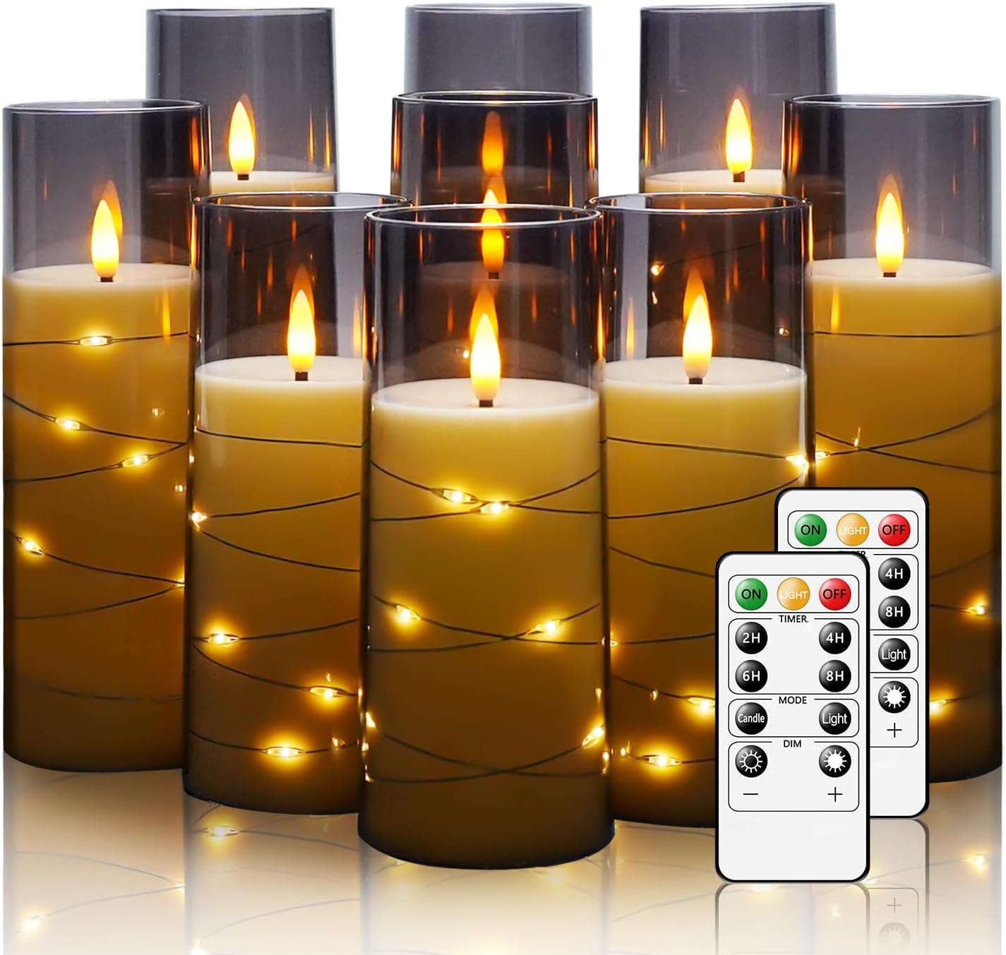 Flickering Flameless LED Candles, 9 Pcs with Embedded Star String, Acrylic LED Pillar Candles with Remote, Suitable for Home Decoration (Grey)