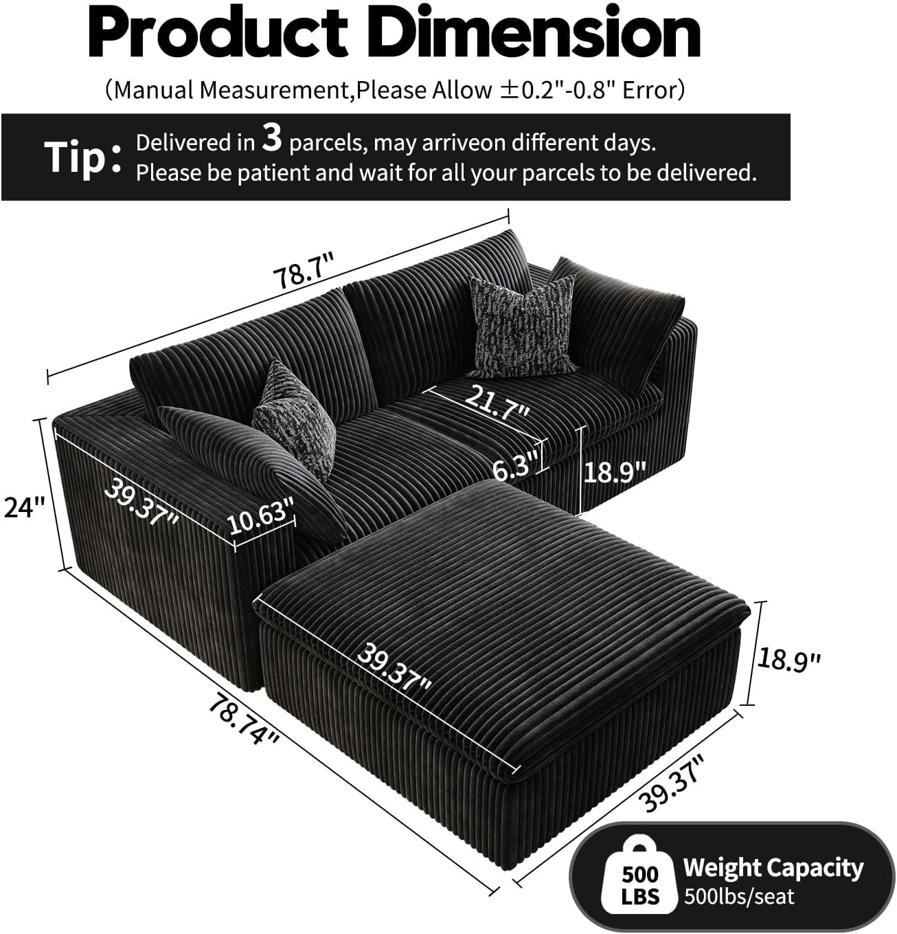 LoveSeat Cloud Couch Modular Sectional Sofa for Living Room,Modern Sofa with Deep Seat，2 Seater Boneless Couch with Ottoman,Comfy Upholstered Couches for Apartment, Studio, Office,Bedroom，Black