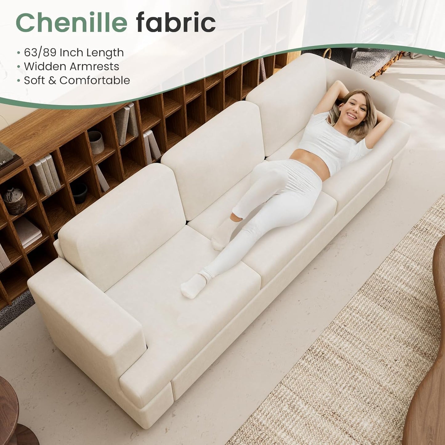 Sofa, 89" 3-Seater Deep Seat Sofa, Modern Comfy Couches for Living Room Apartment Lounge, Beige Chenille