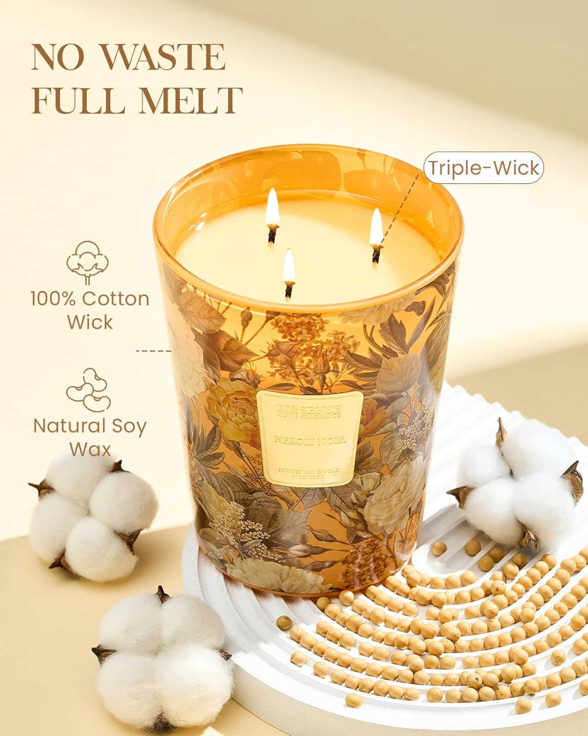 M&SENSE Neroli Noir Scented Candle 3 Wick 35oz 150H Long Lasting, Natural Soy Candles Stress Relief Calm Home Fragrance Housewarming Gifts