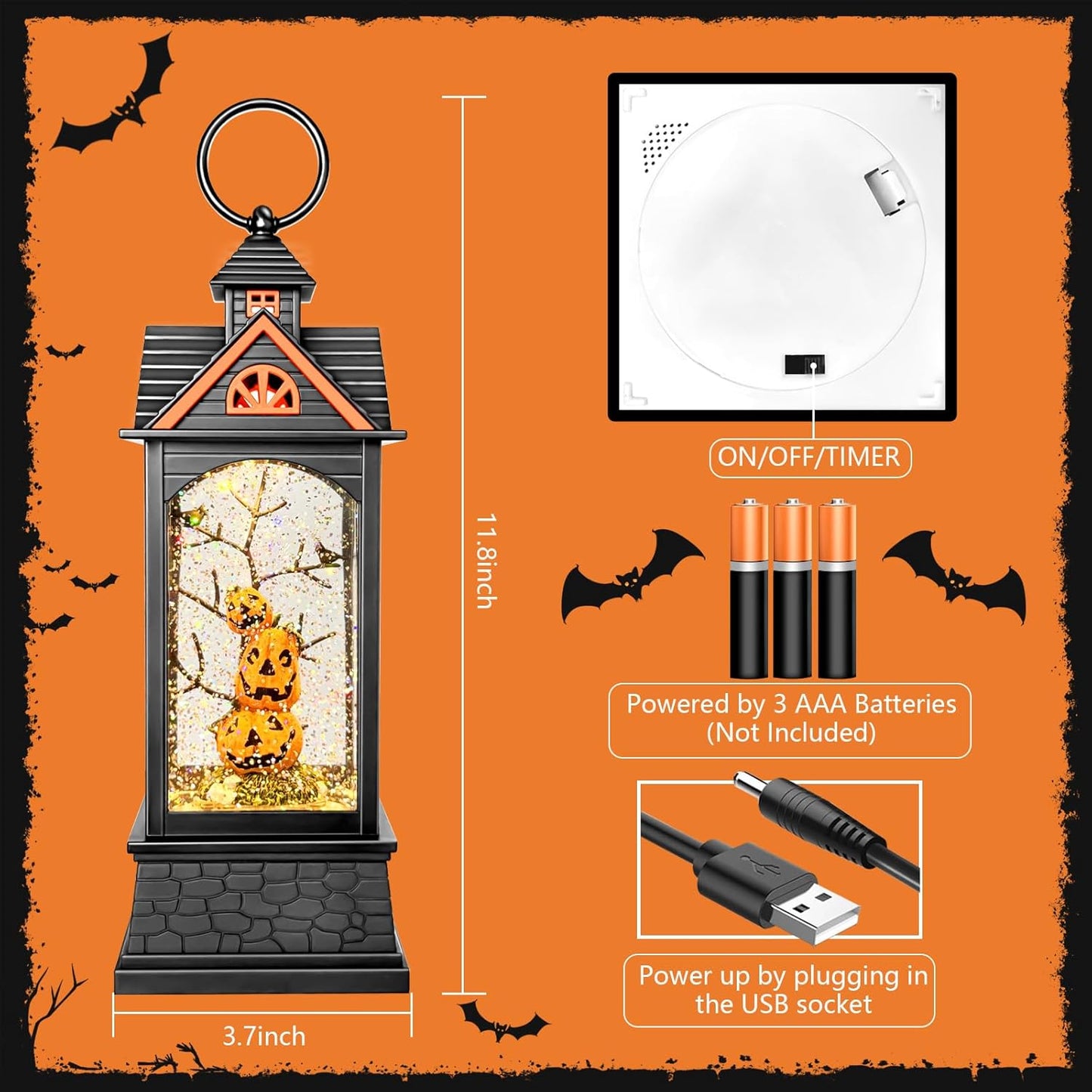 Halloween Snow Globe Lantern, Spooky Ghost Halloween Decor, Plug-in & Battery Operated Snow Globes for Halloween Decorations Indoor
