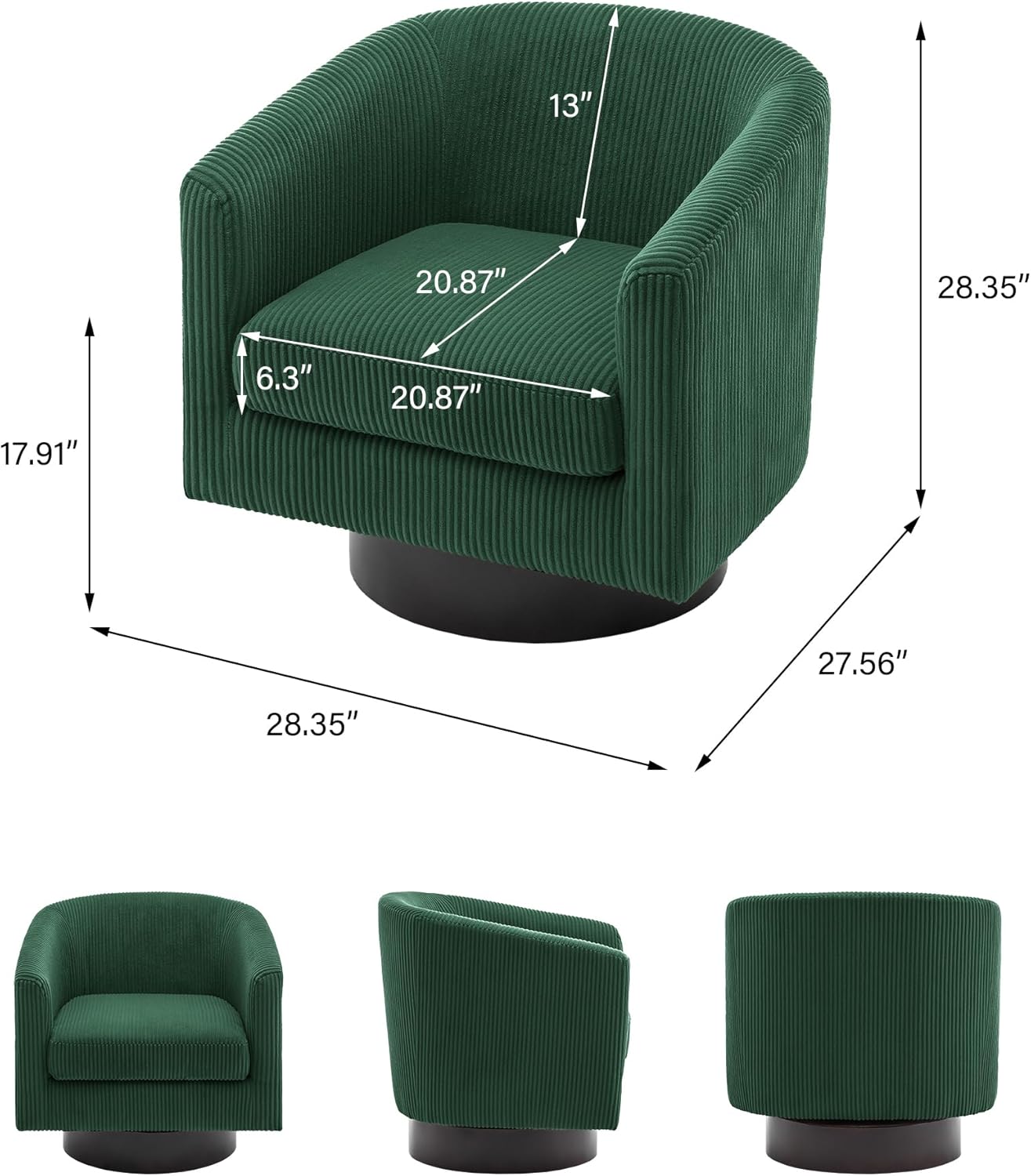 Swivel Barrel Accent Chair, Modern Round Corduroy Fabric Arm Chair for Living Room, Bedroom, Comfy Club Reading Chairs for Adults, Corduroy Dark Green