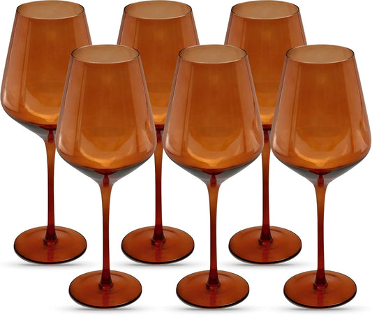 Saludi Original Dark Orange Leaf Wine Glasses, 16.5oz (Set of 6) Stemmed Single Color Rust Terracotta- Great for All Wine Types and Occasions or Gifts - Luxury, Durable, Hand-Blown