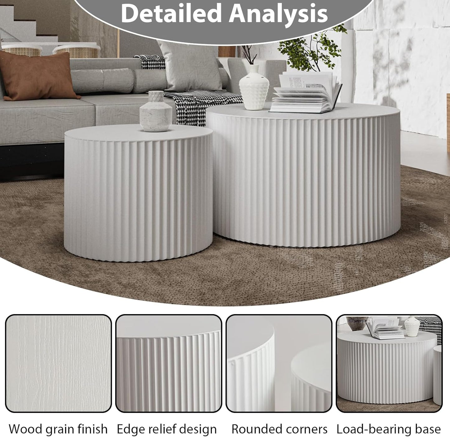 Round Nesting Coffee Table Set of 2 Handcraft Circle Fluted Nesting Coffee Tables Circular Side Table Drum Accent End Tables for Living Room Bedroom (White A Small)