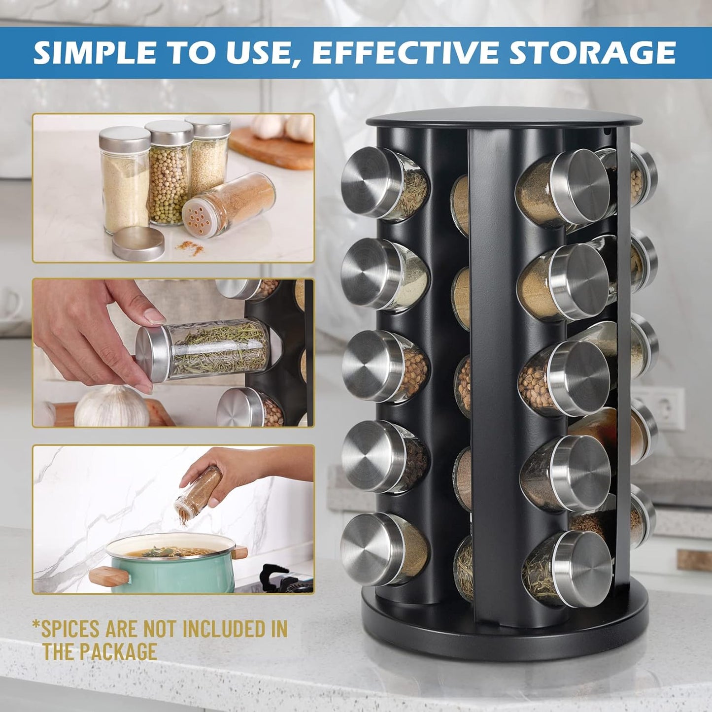 Black Countertop Revolving Spice Rack, Empty 20-Jars Rotating Spice Rack Organizer, Round Carousel Tower, 135 Spice Labels with Funnel Complete Set, for Kitchen Countertop, Cabinet