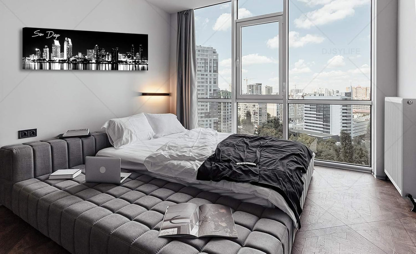 DJSYLIFE San Diego Skyline Wall Art Black and White Night View USA Cityscape California Pictures Artwork Painting Poster for Bedroom Office Decoration Stretch Framed Ready to Hang 13.8"x47.3"