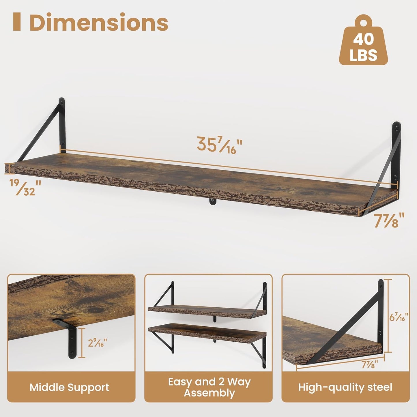 Heimlove 36 Inch Floating Bookshelves Set of 3,Heavy Duty Wall Mounted Bookshelves,Rustic Brown Wall Bookshelf for Living Room,Bedroom,Kitchen,Laundry Room Storage & Decor