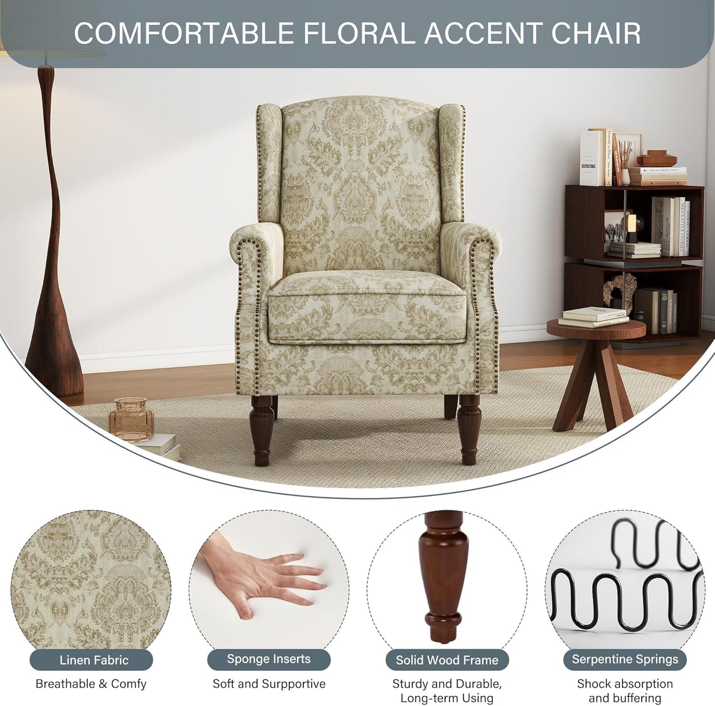 UIXE High Back Floral Accent Chair, Upholstered Armchair in Fabric for Living Room, Retro Wingback Arm Chair Comfy Single Sofa Bedroom Reading Seat with Solid Wood Legs, White