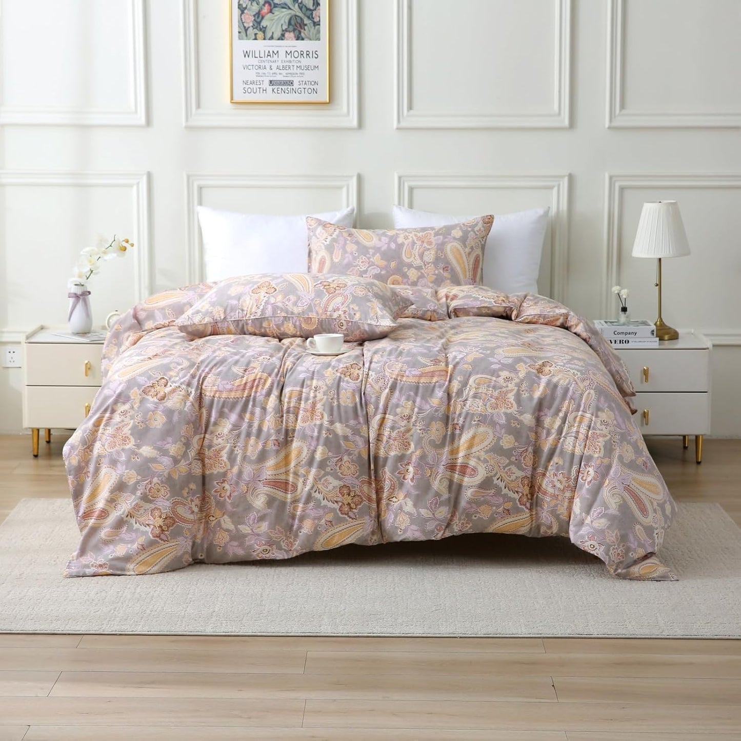 ABREEZE Paisley Bedding Sets 3Pcs Brushed Cotton Duvet Cover Set Queen Size Rustic Damask Gold Floral Comforter Cover with Zipper Closure Boho Bedding Collections