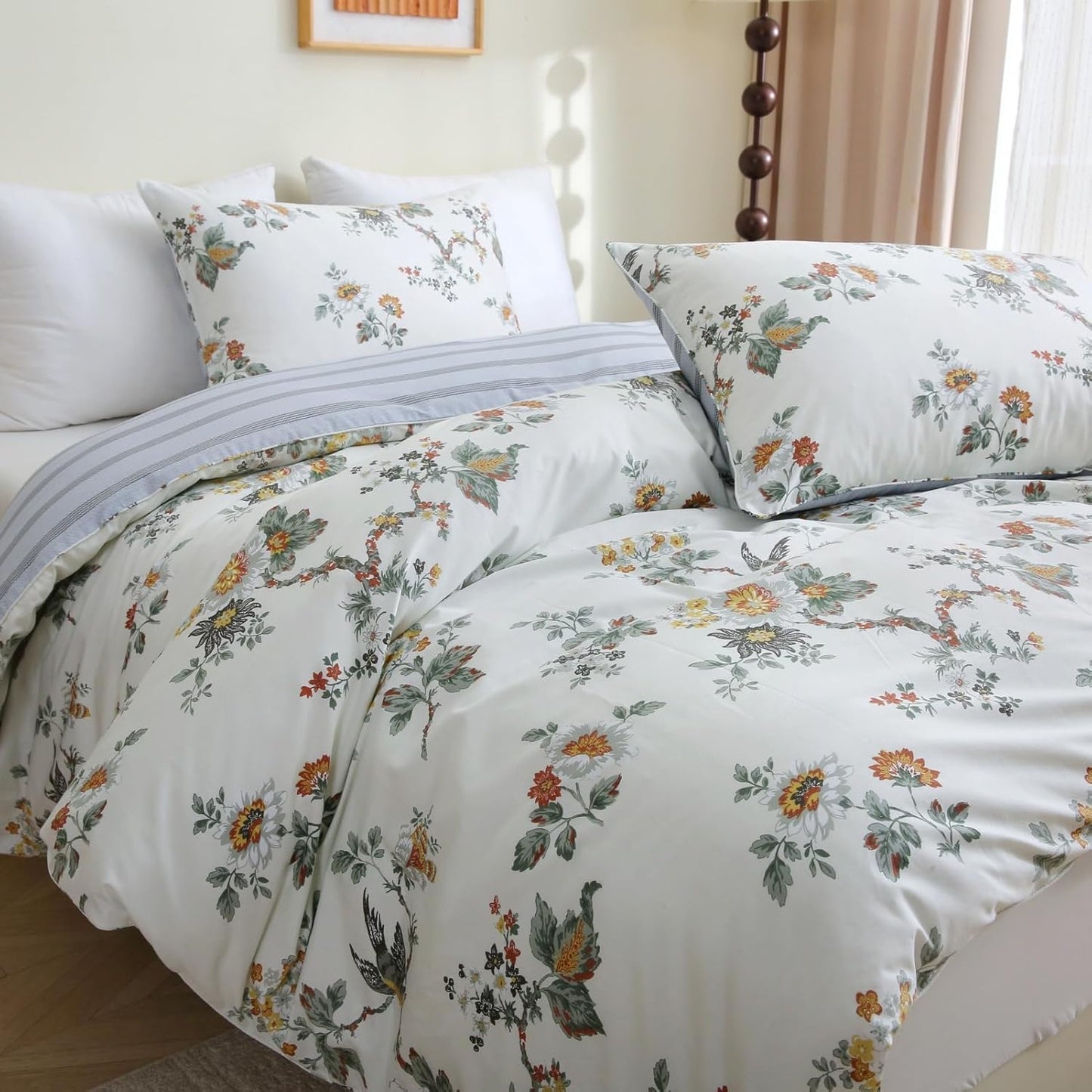 ABREEZE Floral Duvet Cover King Size Set Bird Flowers Bedding Set 100% Brushed Cotton Bedding Collection 1 Duvet Cover with 2 Pillowcases White