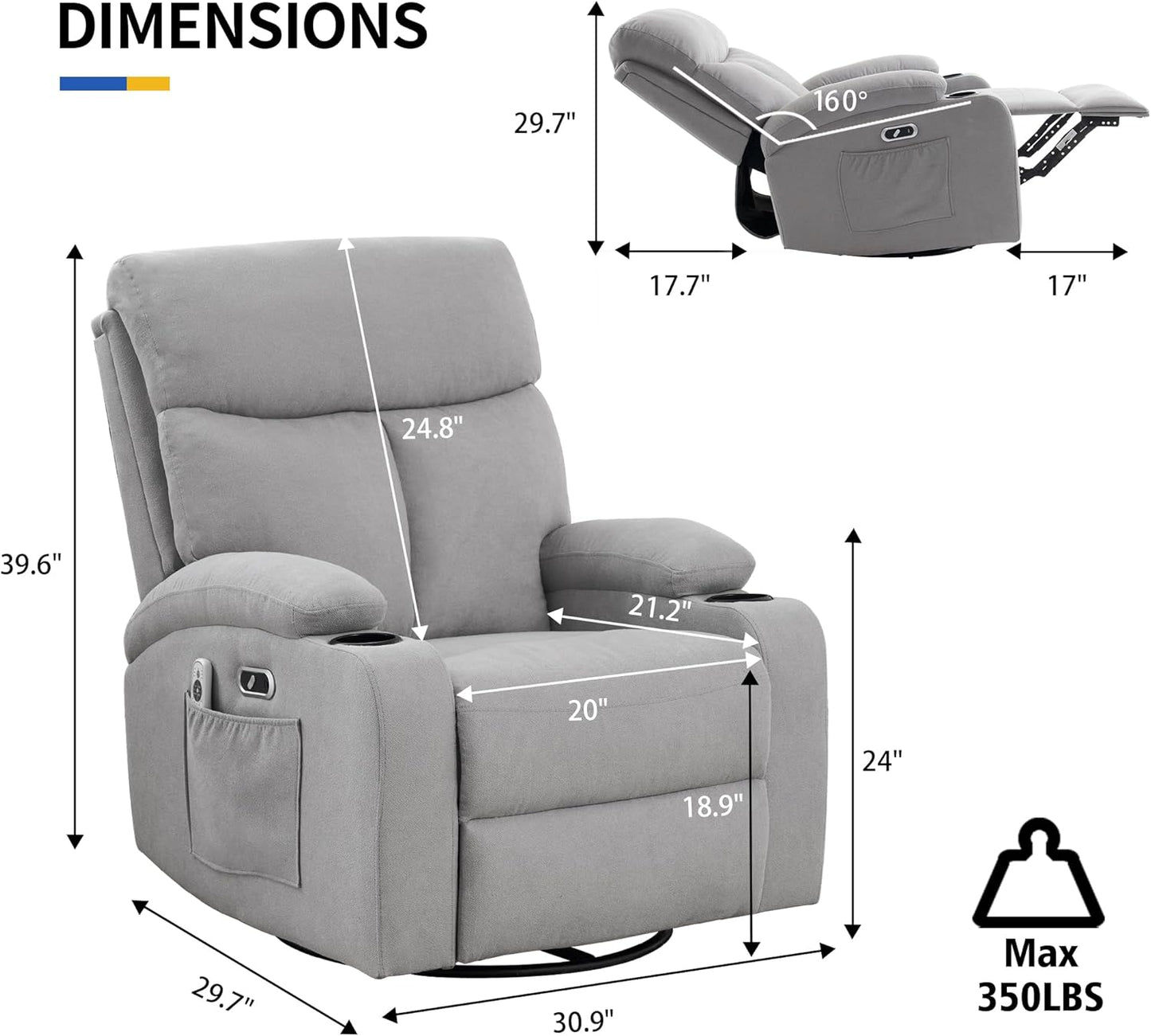 Swivel Power Recliner Chair for Adults with Full Body Massage, Electric Rocker Recliner Chairs for Living Room with USB and Type-C Ports, Fabric Rocking Reclining Sofa Chair (LightGrey)