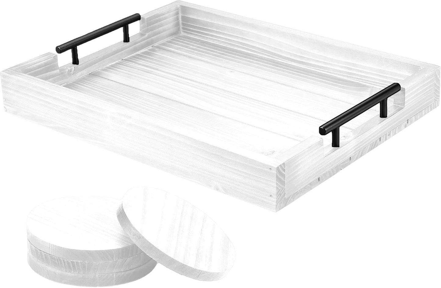 Ottoman Tray | Wooden Serving Tray with Handles & Coasters - 17x13 Inch, Rustic, White, Solid, Rectangular, Vintage, Lightweight