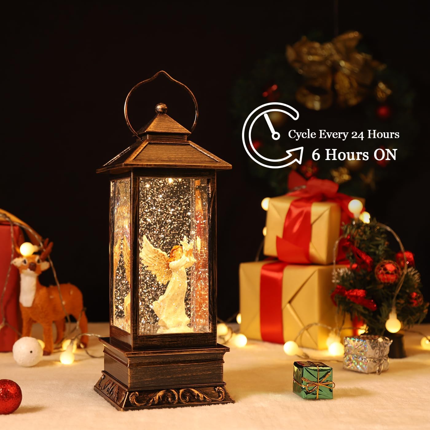 Christmas Decorations Snow Globe Lantern,Christmas Lantern with 8 Christmas Theme Music,Christmas Snow Globe Gifts Water Glittering Swirling Christmas Home Decoration（Dove Angel）