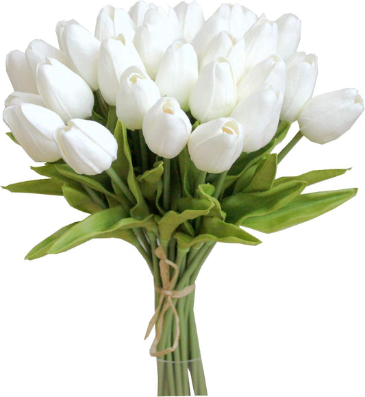 Mandy's Artificial Tulips 28 Stems White PU Faux Flowers for Wedding Home Decor 13.5 Inch