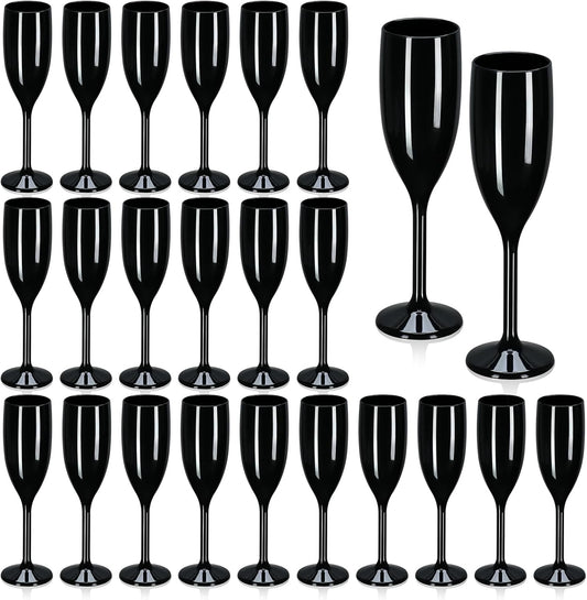 XUWAIDSGN Acrylic Champagne Flutes Toasting Glasses Unbreakable Mimosa Bar Reusable Wine Glasses Vintage Champagne Flutes Stemmed Drinking Cups 5.4 OZ for Christmas Birthday (24, Black)