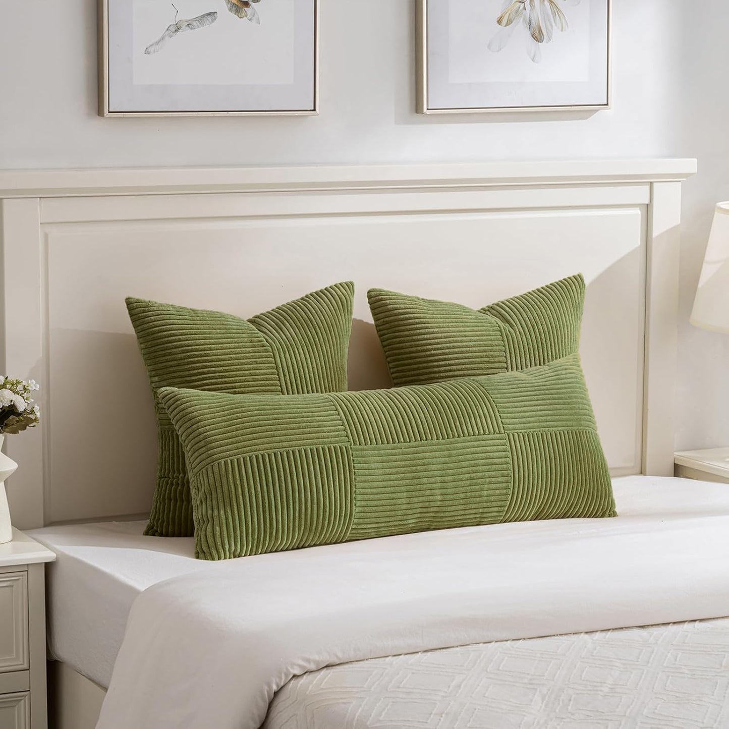 Fancy Homi 2 Packs Moss Green Decorative Throw Pillow Covers 20x20 Inch for Living Room Couch Bed Sofa, Farmhouse Boho Home Decor, Soft Corss Corduroy Patchwork Accent Square Cushion Case 50x50 cm