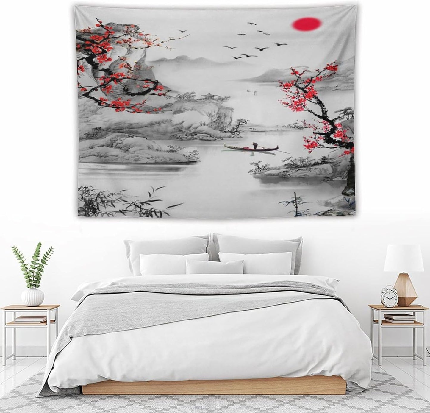 Cherry Blossoms Tapestry,Japanese Red Landscape Watercolor Abstract Art Tapestry,Asian Japanese Wall Tapestry, Nature Landscape Tapestries for Bedroom Living Room Decor 80"x60"