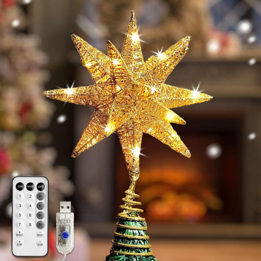 Christmas Tree Topper Star Gold with Warm White 50 LED Lights, Star Tree Topper for Christmas Tree Tradition Moravian Decor, 11X 7.87 Inch with 5m Long Line, Estrella para Arbol De Navidad