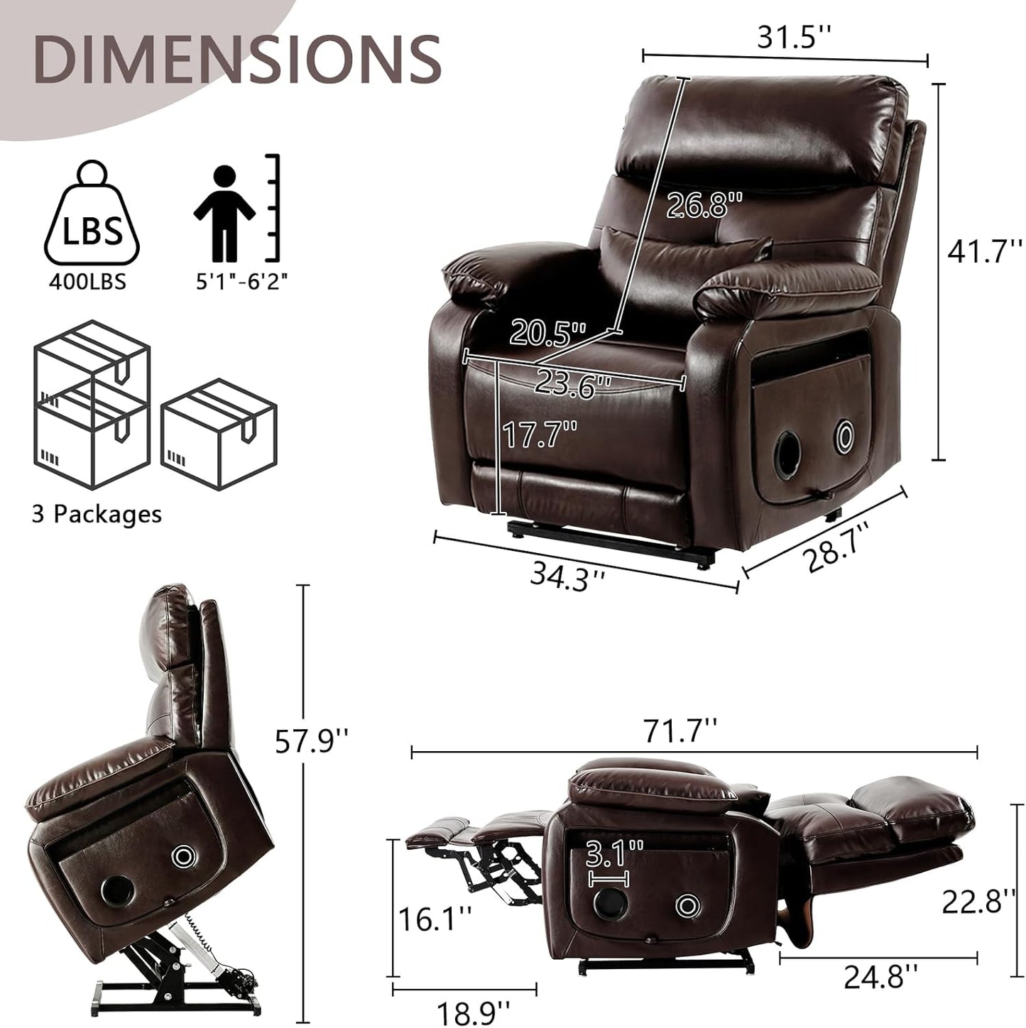Dual Motor Power Lift Recliner Chair for Adult & Elderly, Infinite Position Lay Flat Lift Chair with Heat & Massage, Cup Holder, Lumbar Pillow, Wireless Charger, USB Ports, Leather (Brown)