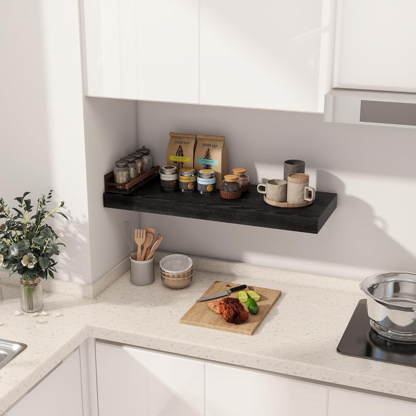 Fun Memories Black Floating Shelves 30" W x 12" D, 12 Inch Deep Floating Shelf for Books, Bathroom, Living Room, Rustic Wood Wall Shelves, 2 Inch Thicked Storage Shelf for Home Storage, Set of 2