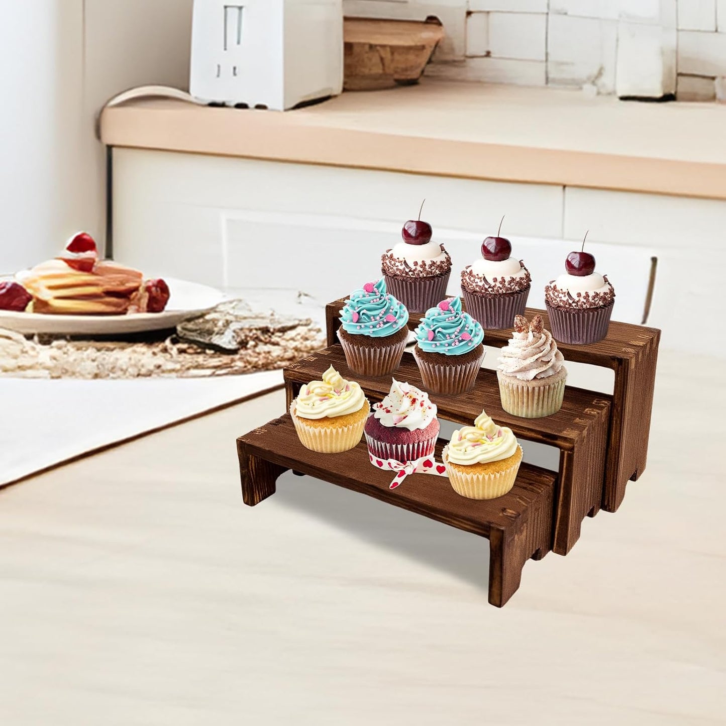 Display Wood Risers Wooden Stand 3 Tier Wood Racks Decorative Rectangular, 2 Set 6 Piece Cupcake Stands Cologne Perfume Organizer Dessert Showcase(Brown)