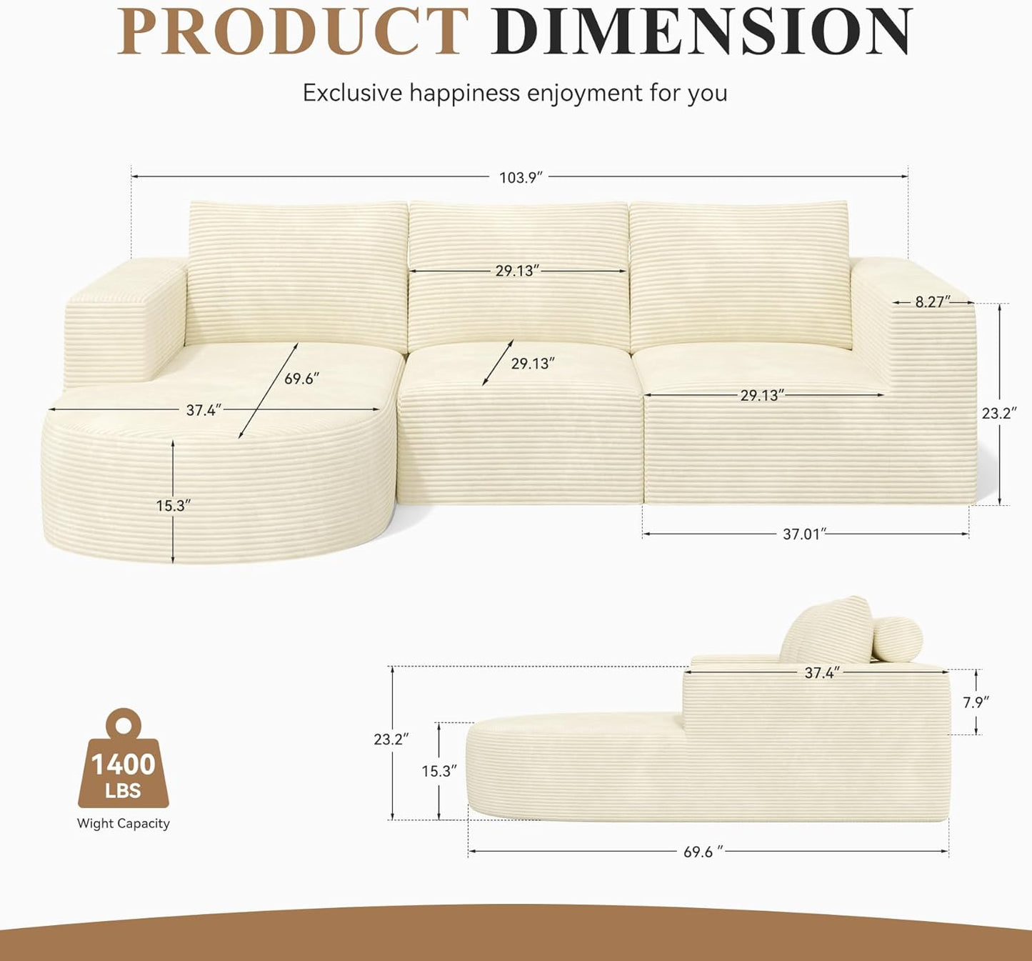 Modular Sectional Sofa with L-Shape Chaise,Cloud Sectional Modern Sleeper Couch with Deep Seat,Sponge Compression Sofas No Assembly Required (Beige-Corduroy Fabric) 1 PCS