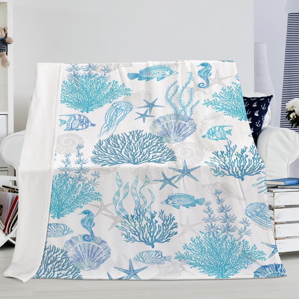 Blue Ocean Beach Throw Blanket Nautical Coastal Bed Blanket Starfish Seashell Coral Blankets Super Soft Flannel Fleece Throw Blanket for Couch Bed Decor “60 x80”
