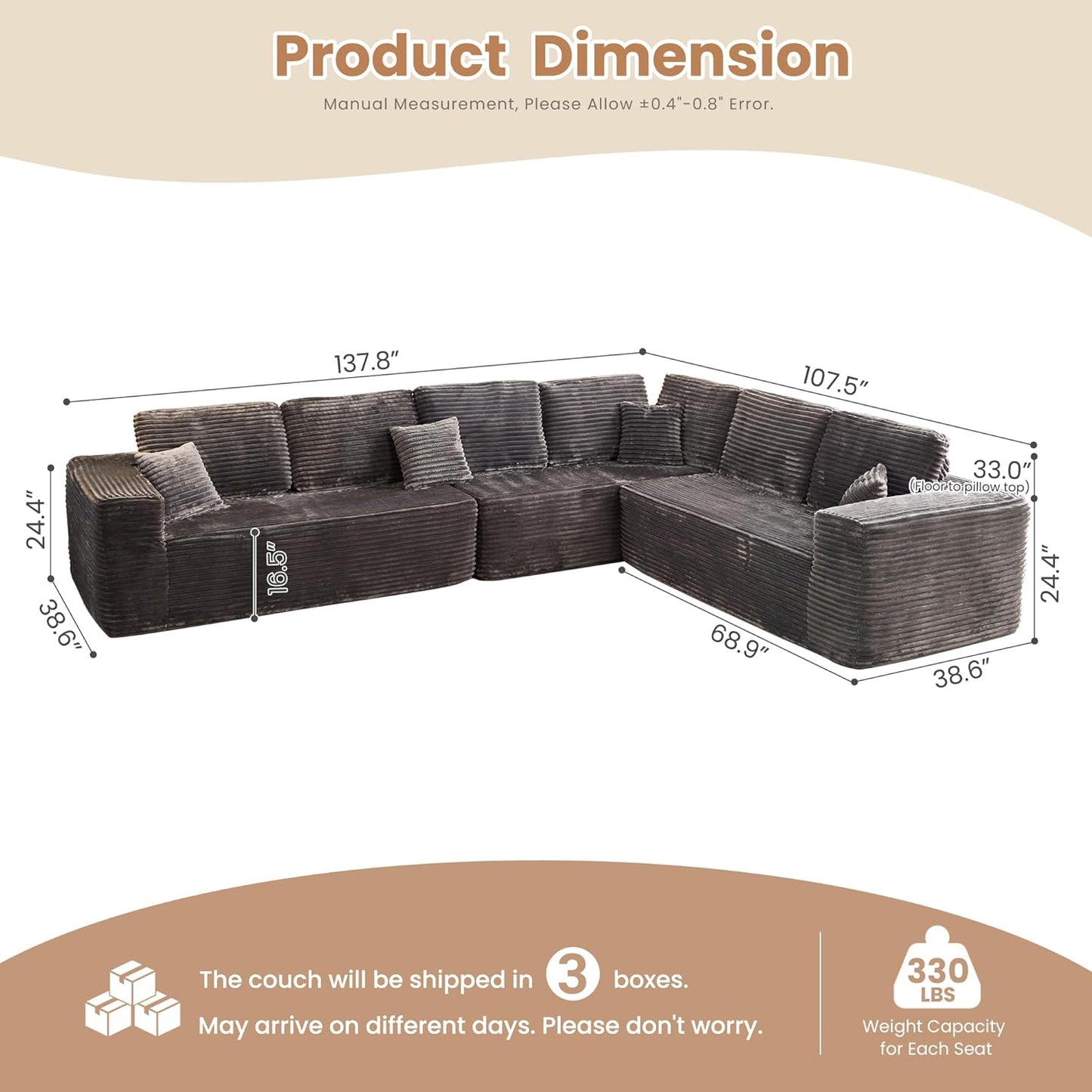 HOOOWOOO Cloud Sectional Couches for Living Room,Modular Sectional Sofa No Assembly,138X108 Inch Plush Corduroy Large L Shaped Floor Couch Set with Deep Seat(Gray)