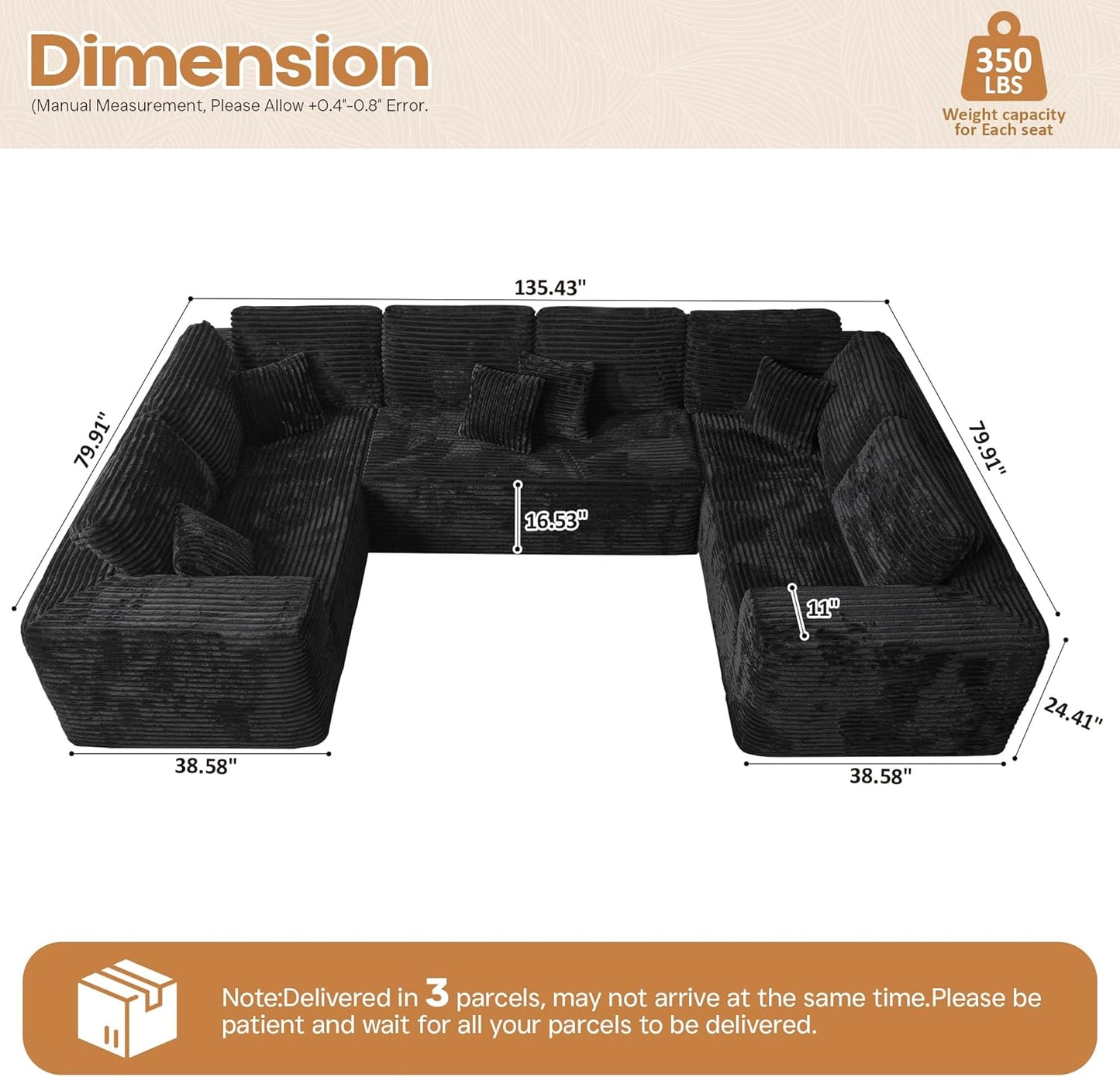 Cloud Sectional Couches for Living Room,U Shaped Modular Sofas No Assembly,135x79 Inches Plush Corduroy Oversized Floor Couch Set with Deep Seat Chaise,Black