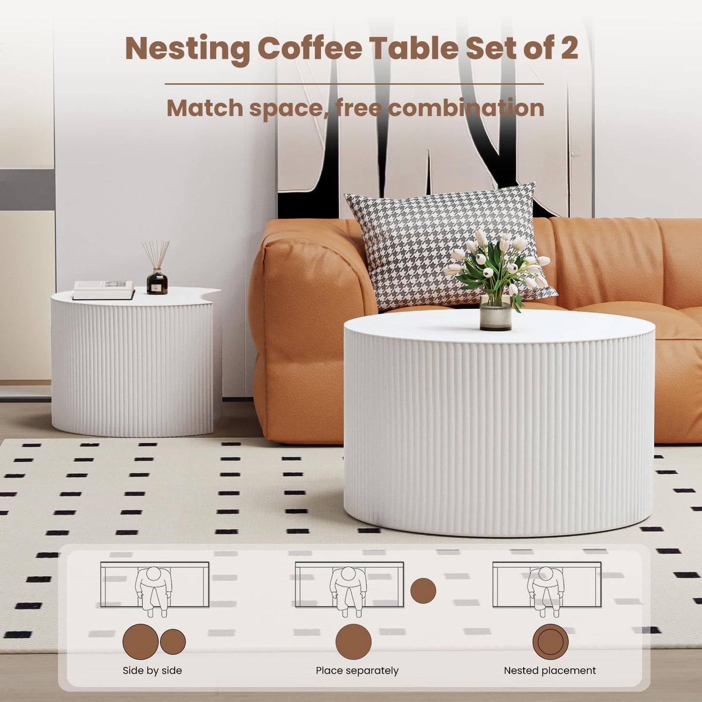 Round Nesting Coffee Table Wood Drum Nesting Tables Modern Stacking Coffee Table Set of 2 Fluted Center Table End Table for Living Room Home Office Small Spaces, No Assembling (White Large)