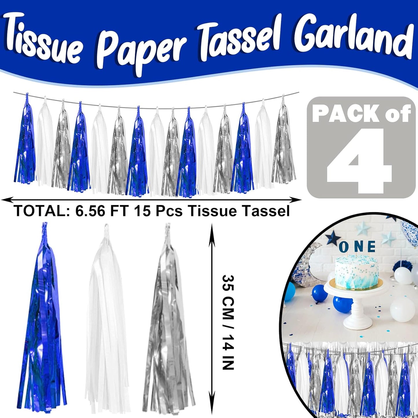 4P Navy-Blue White-Silver Foil Fringe Metallic Tassel Garland Banner, Tassels Banner Streamers for Parade Floats, Bachelorette, Wedding, Birthday, Halloween, Bridal/Baby Shower Party Decorations