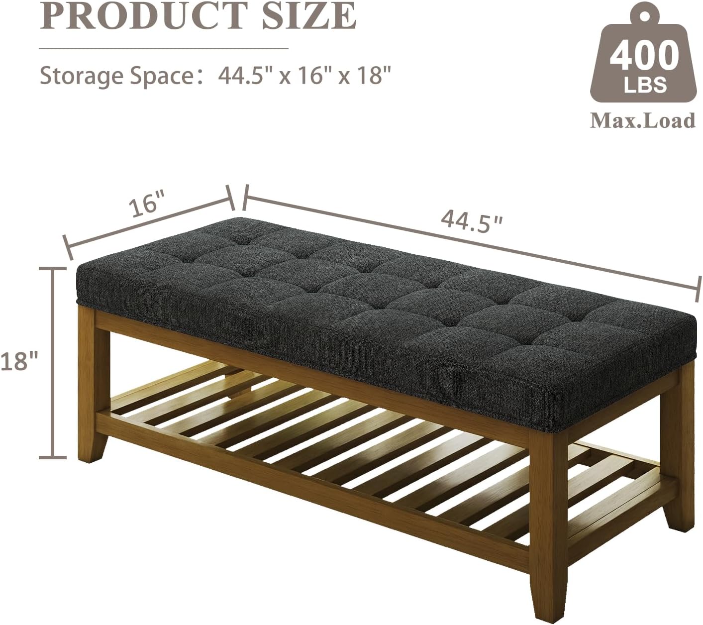 Large Rectangular Upholstered Ottoman Bench, Linen Tufted Footrest Ottoman with Solid Wood Shelf Storage Coffee Table for Bedroom Living Room, Dark Gary