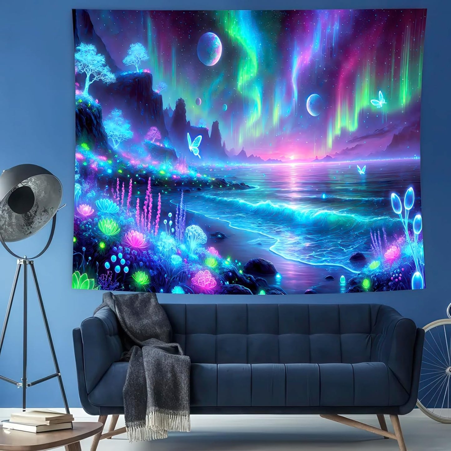 BlissYard Blacklight Fantasy Forest Tapestry UV Reactive Moon Tapestry Floral Plant Jungle TapestryButterfly Galaxy Space Tapestry Nature Landscape Wall Hanging for Bedroom Living Room 51" X 78"