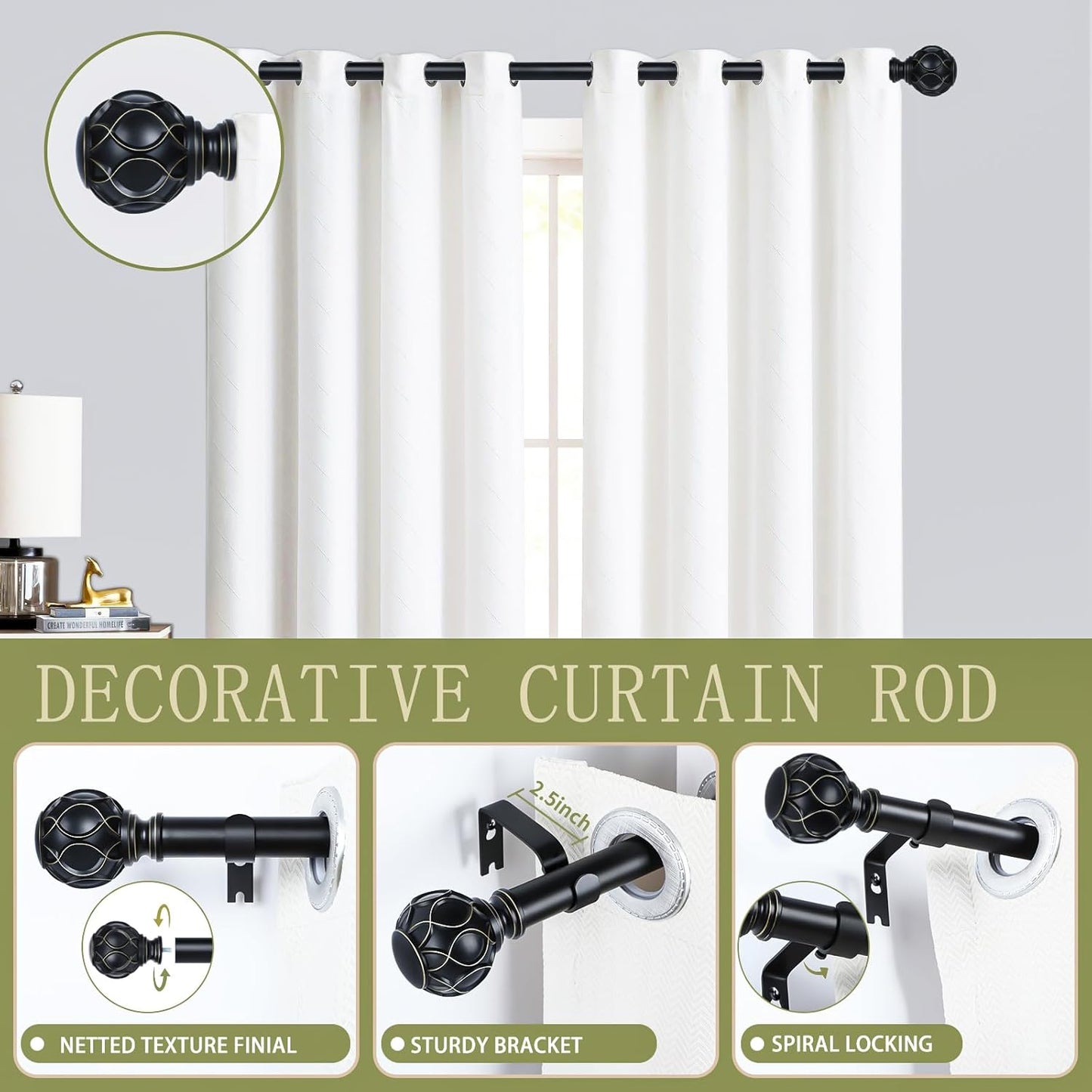 Black Adjustable Curtain Rods for Windows:36-88" Farmhouse Heavy Duty Curtain Rod for Bedroom Living Room,Boho Decorative Rustic Drapery Rods with Vintage Coastal Texture Finial,Matte Black