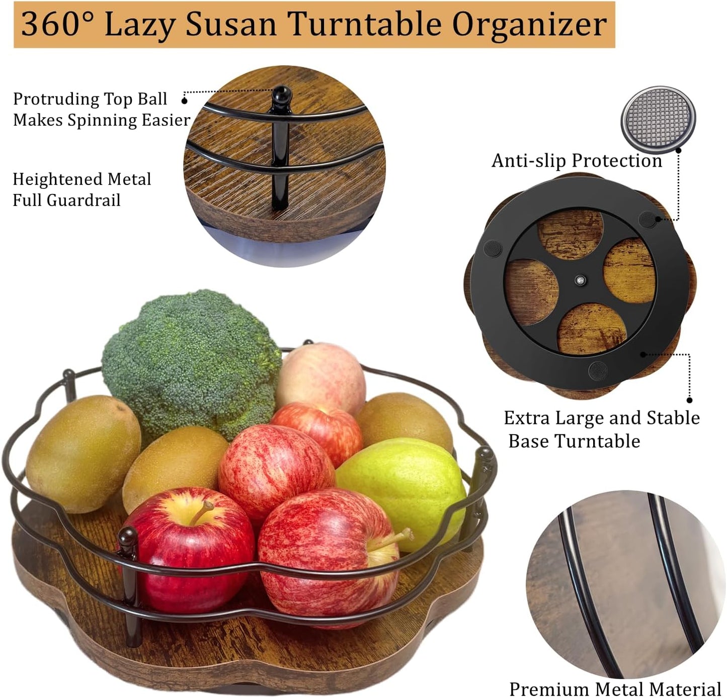 12" Lazy Susan Turntable Organizer with Higher Metal Sides, Wooden Lazy Susan Spice Rack Organization and Storage for Cabinet,Kitchen,Countertop,Table Top,Dining Table,Coffee Bar Decor