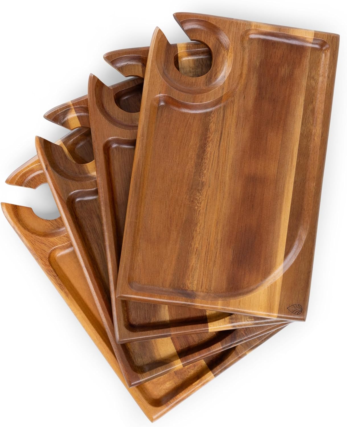 PICNIC TIME Rectangle Wine Appetizer Plates Set of 4, Cocktail Plate with Glass Holder, Cheese Board with Wine Holder, (Acacia Wood)