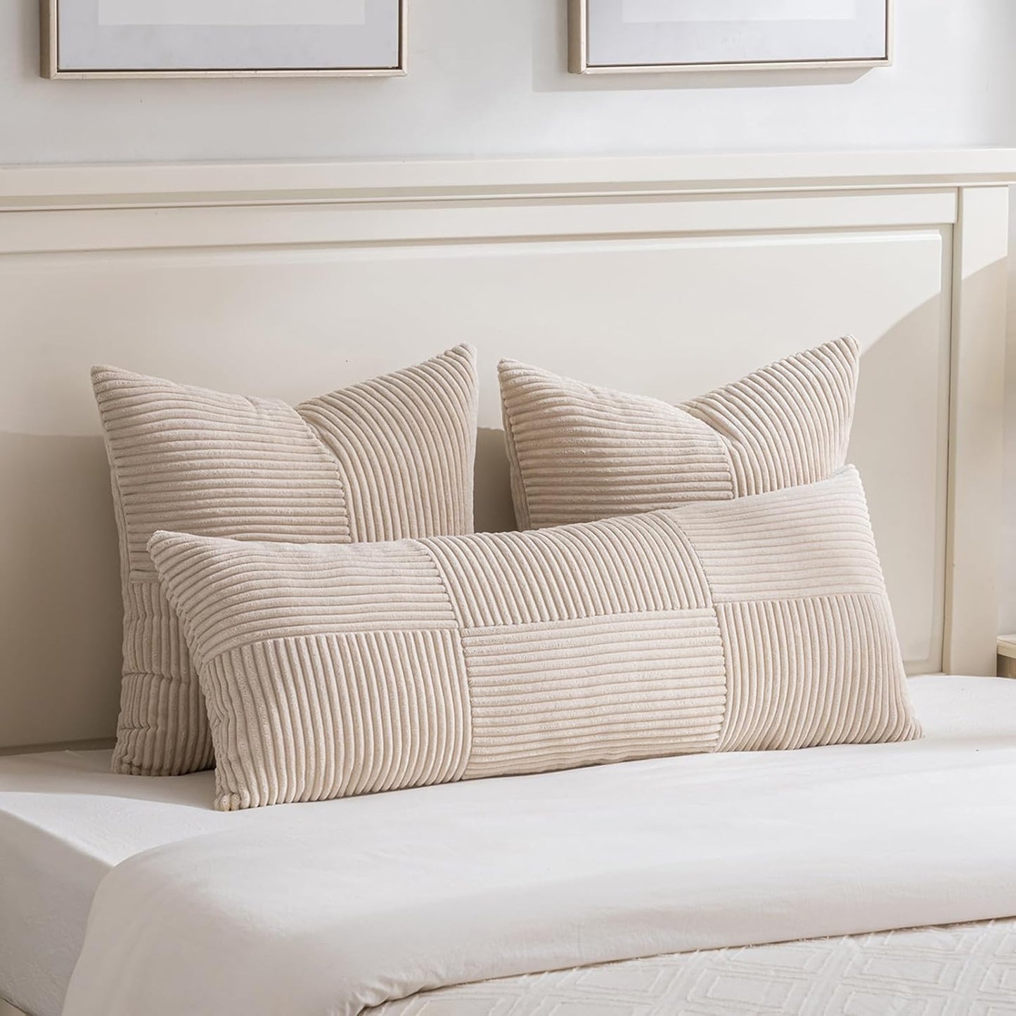 Fancy Homi 2 Packs Tan Euro Decorative Throw Pillow Covers 26x26 Inch for Living Room Couch Bed, Farmhouse Boho Home Decor, Soft Corss Corduroy Patchwork Textured Square Beige Cushion Case 66x66 cm