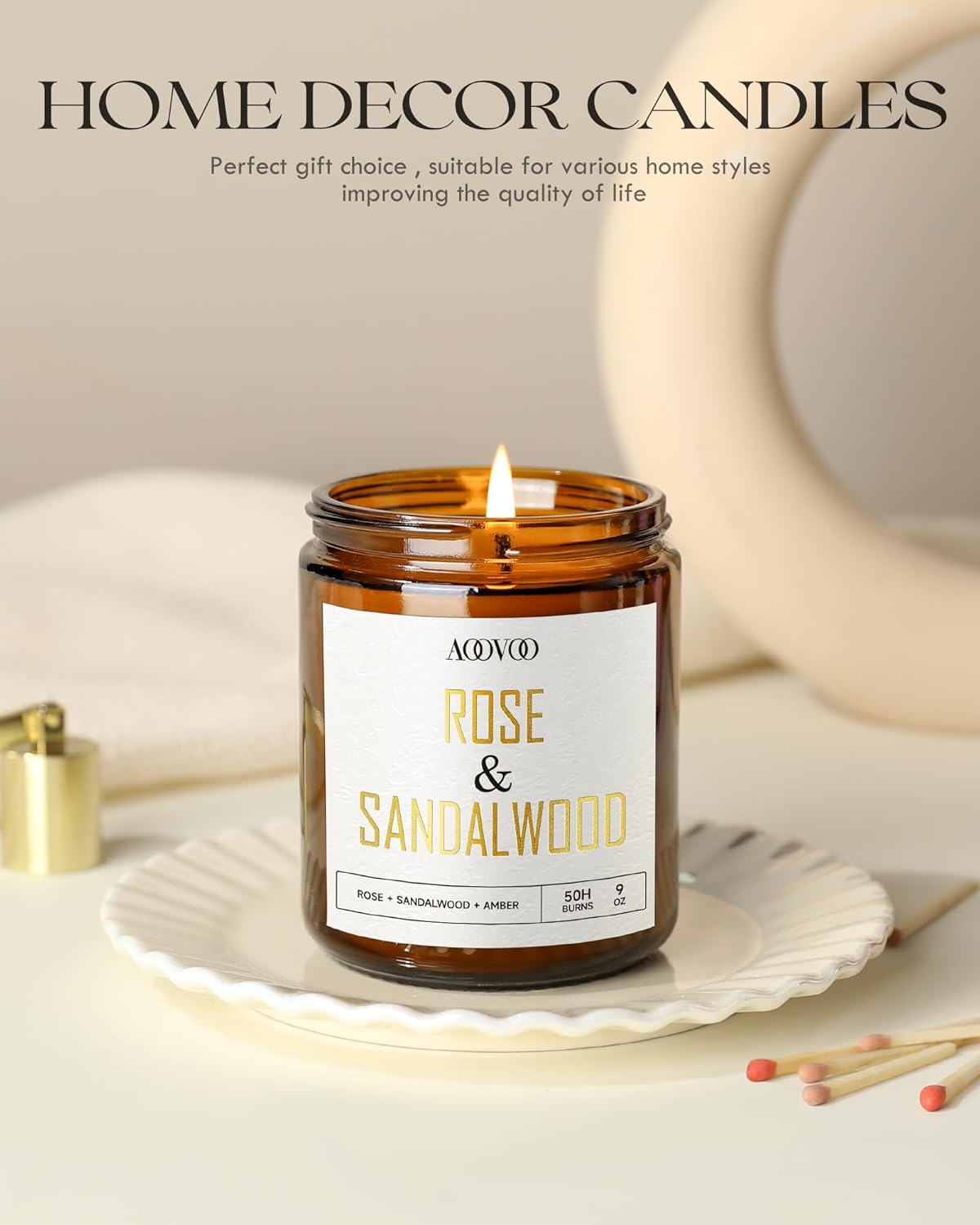 AOOVOO Rose Sandalwood Candles - 9 oz Scented Candles, Aromatherapy Candle, Soy Candle for Home Scented