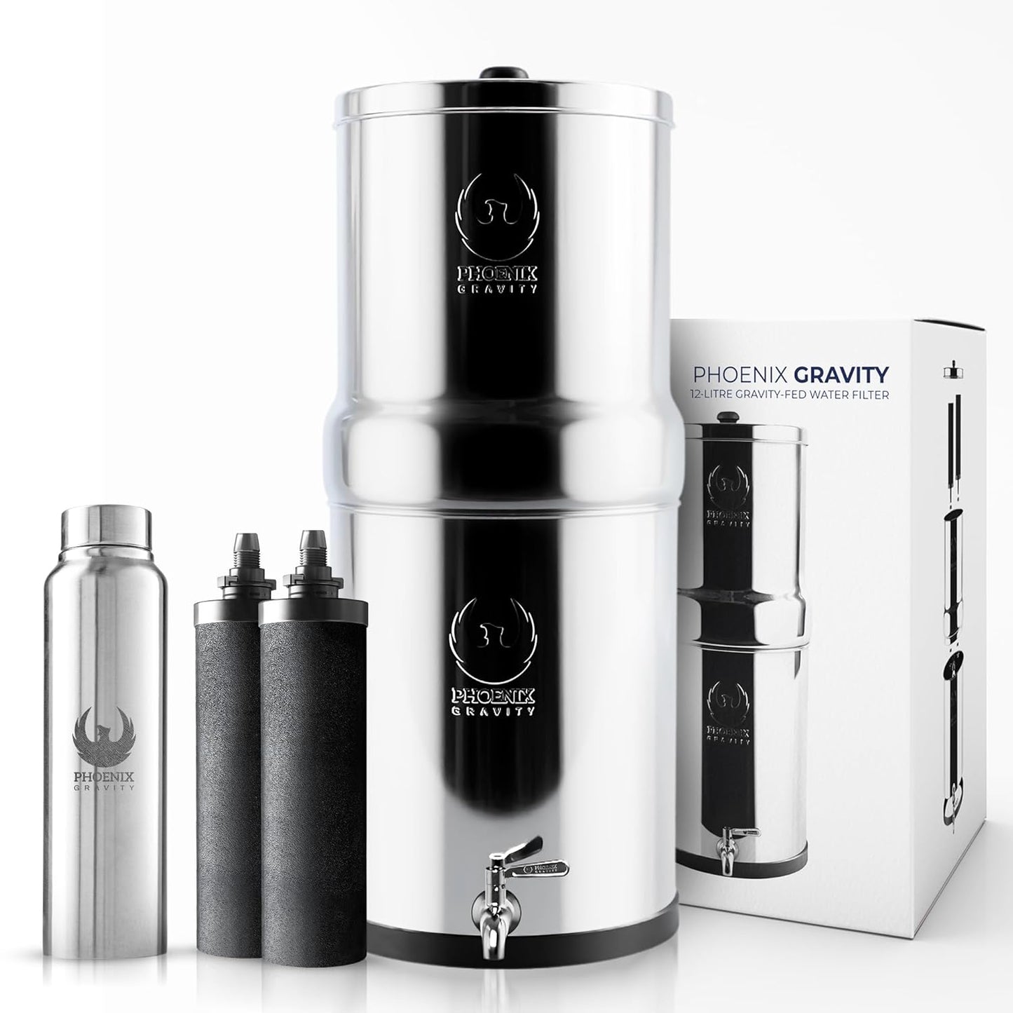 Gravity Water Filter System - 3.25 Gallons - NSF Certified - AISI 304 Stainless Steel Countertop Water Filter System with 2 Smart (Black) Carbon Filter Elements & Free Stainless Steel Water Spigot