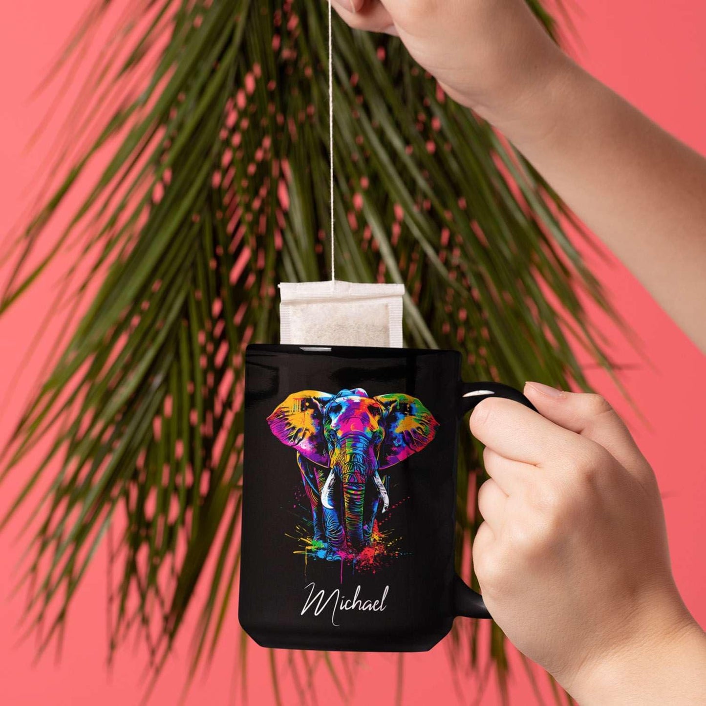 Elephant Coffee Mug 11oz 15oz, Personalized Name Animal Black Cup, Gift For Elephant Lovers, Custom Colorful Animal Design Mug, Gifts For Son Daughter On Birthday