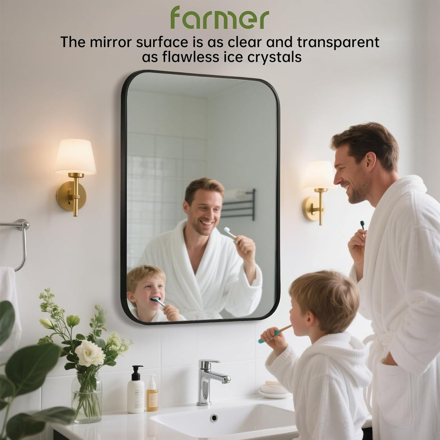 FARMER 24x32 Inch Black Bathroom Mirror, Rectangle Vanity Mirror, Brushed Mirrors for Wall, Metal Frame Hanging Mirror with Round Corner for Bedrooms, Entryways, Living Rooms, Horizontal/Vertical