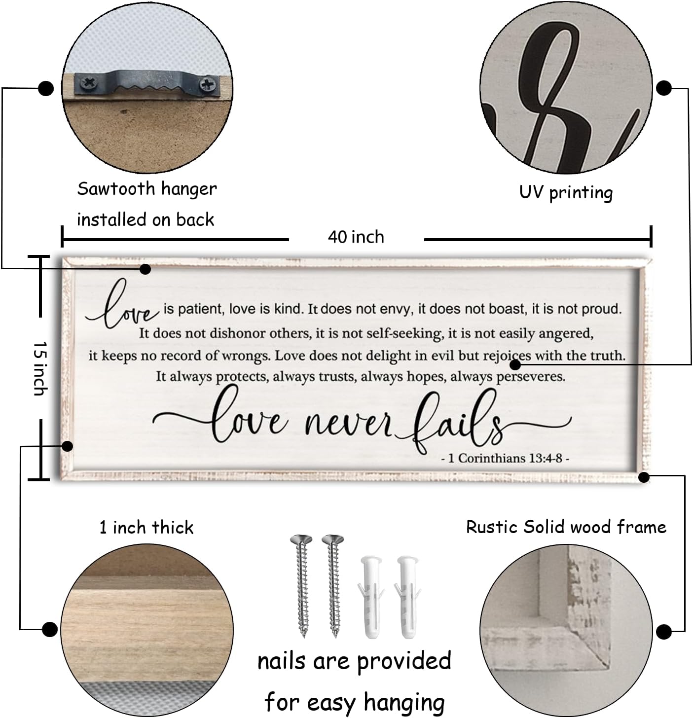 flowtorely Love is Patient, Kind Wall Art Decor 40"X15" Love Never Fails Sign 1 Corinthians 13 Bedroom Above Bed Large Bible Verse Quote Scripture Christianity Hanging Sign (White)