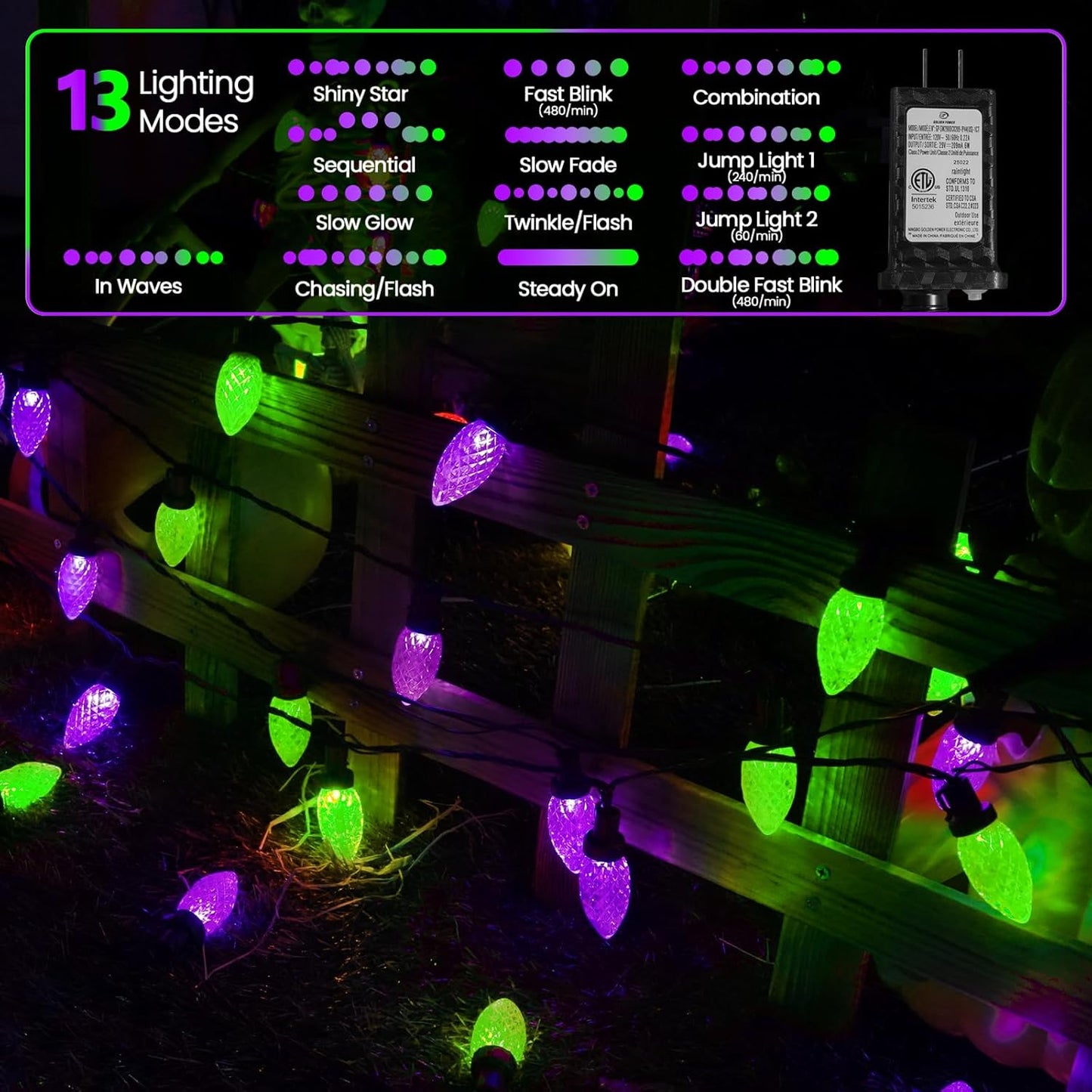 Extendable Purple and Green 2PK 100 LED C9 Halloween Lights Indoor Outdoor Waterproof, 98FT Super Bright C9 String Lights 13 Modes with Timer for Tree Patio Party Garden Halloween Decorations