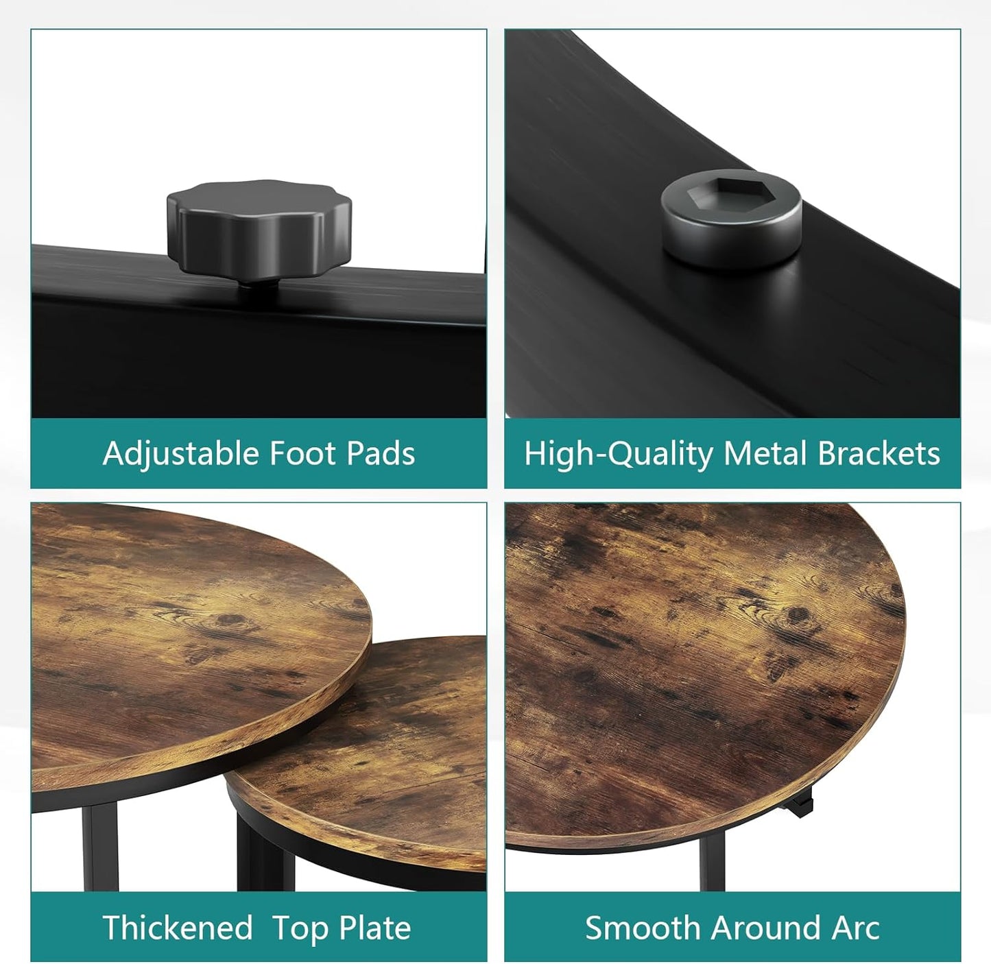 Smuxee Nesting Coffee Table Set of 2, 23.6" Round Coffee Table Rustic Wood Top with Adjustable Non-Slip Feet, Industrial End Table Side Tables for Living Room Bedroom Balcony Yard