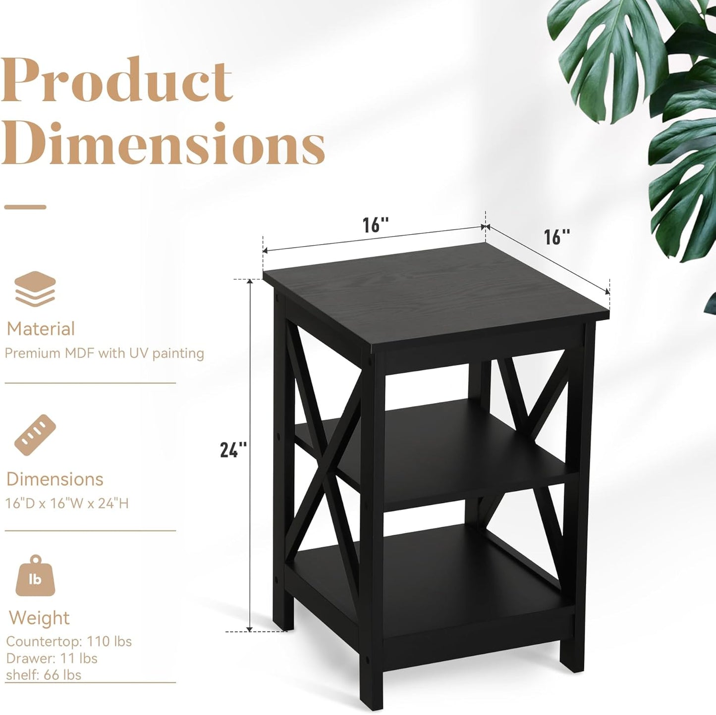 ALPHA HOME Side Tables Farmhouse End Table Set of 2, Small Bedside Tables 3-Tier Storage Shelf for Small Spaces, Couch End Tables, End Table for Living Room, Bed Room, Black