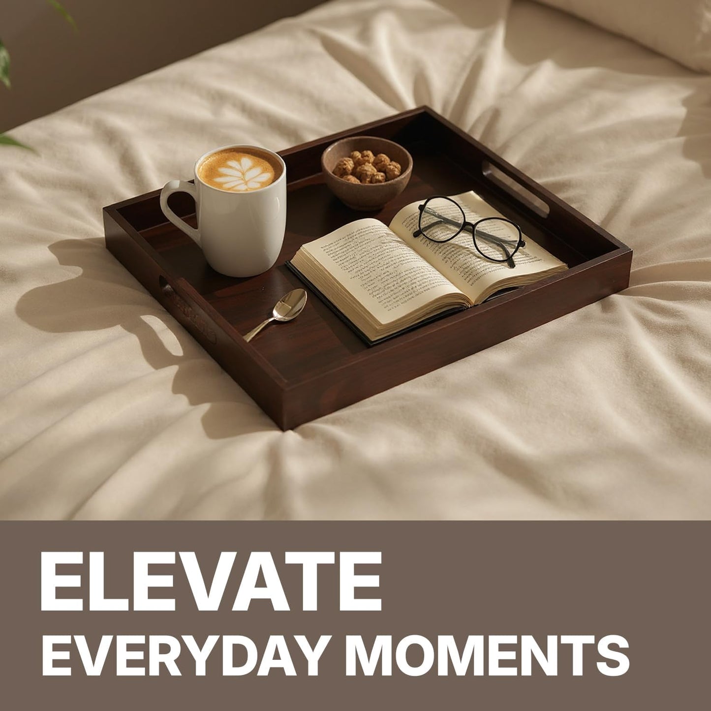 Koppen Acacia Wood Serving Tray with Handles, 17" x 13.86", Large Wooden Platter for Breakfast, Ottoman Tray for Party, Snacks, Fruit, Coffee Table, Living Room, Sofa, Bed, Outdoor